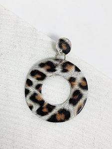 O Leather Earrings White Leopard Print